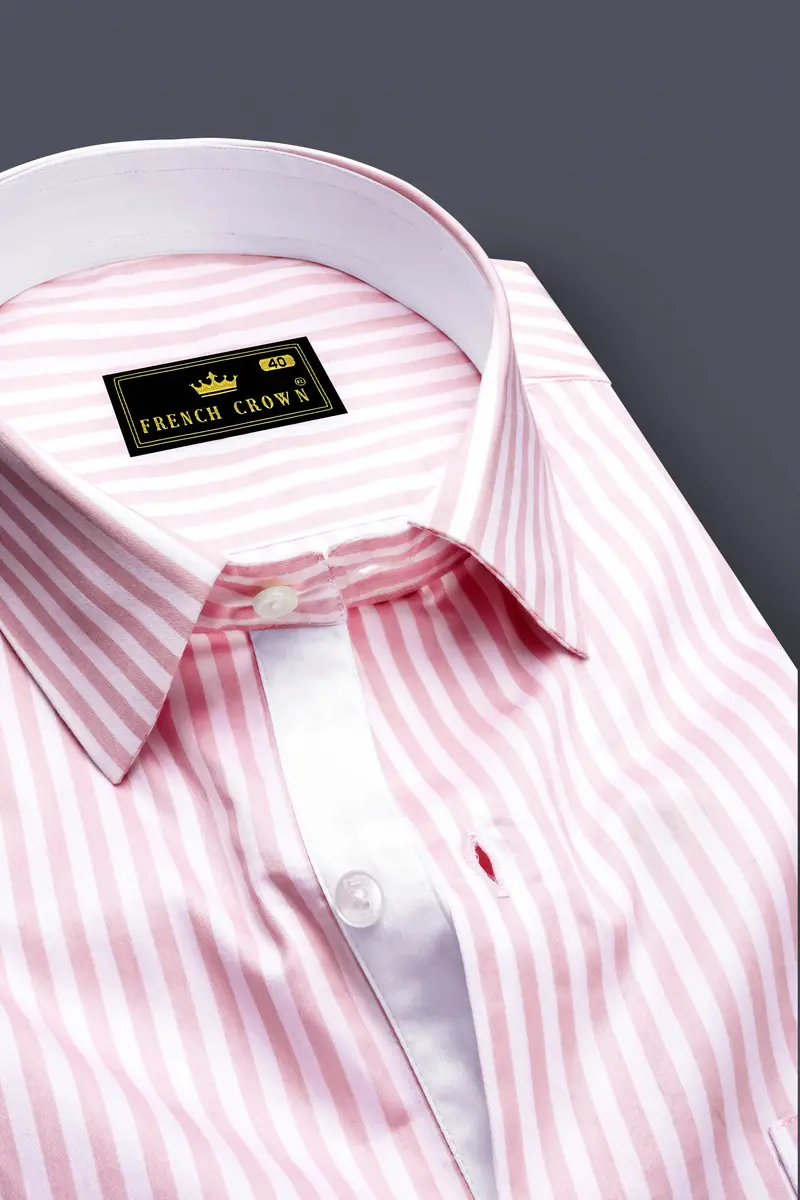 Strivaro-Oriental Pink And Bright White Candy Striped Super Soft Premium Cotton Dress Shirt 2