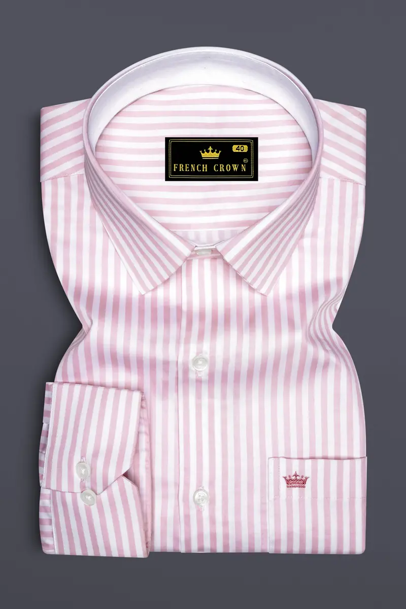 Strivaro-Oriental Pink And Bright White Candy Striped Super Soft Premium Cotton Dress Shirt 4