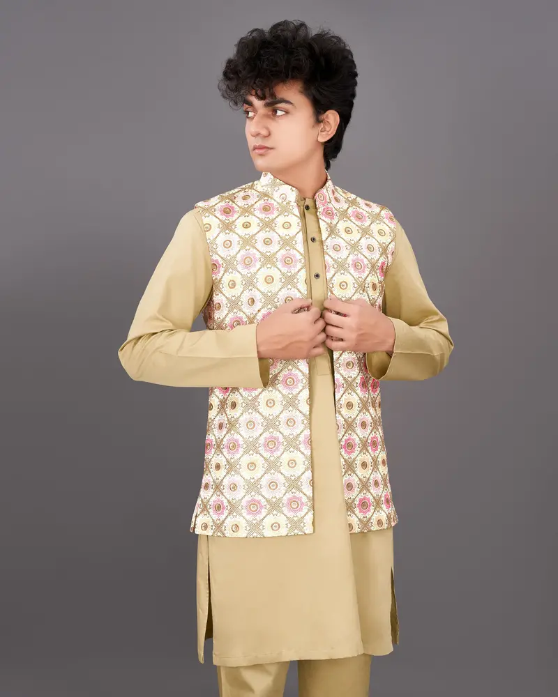 Sugarcane White With Muted Pink And Fawn Brown Sleeveless Jacket With Kurta, Pants Set 1
