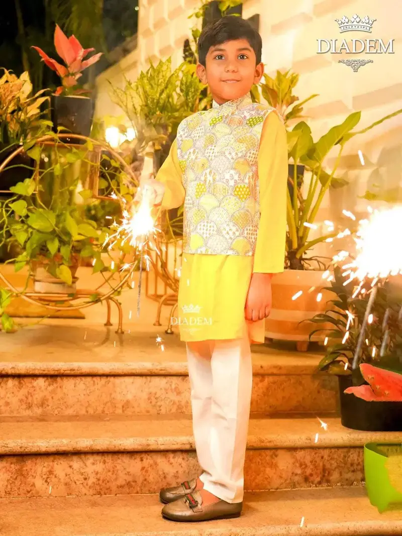 Sun Yellow Kurta Pyjama With Off White Pant And Bandhani Design Jacket 1