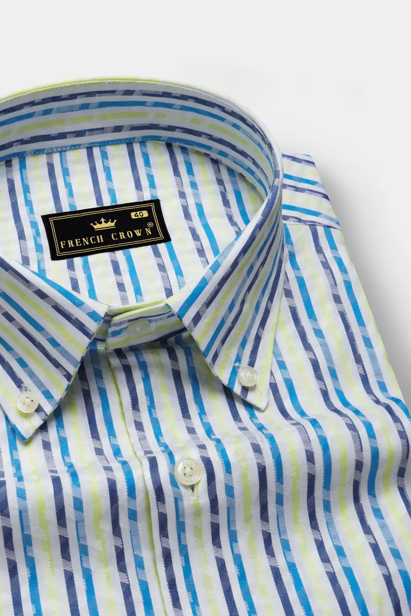 Sunburst-Electric Blue And Primrose Yellow Jacquard Striped Premium Cotton Shirt 1