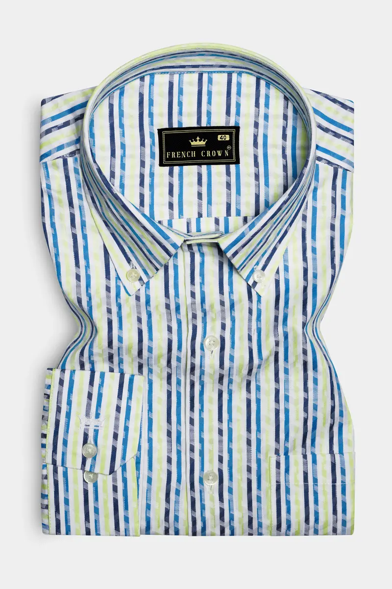 Sunburst-Electric Blue And Primrose Yellow Jacquard Striped Premium Cotton Shirt 3
