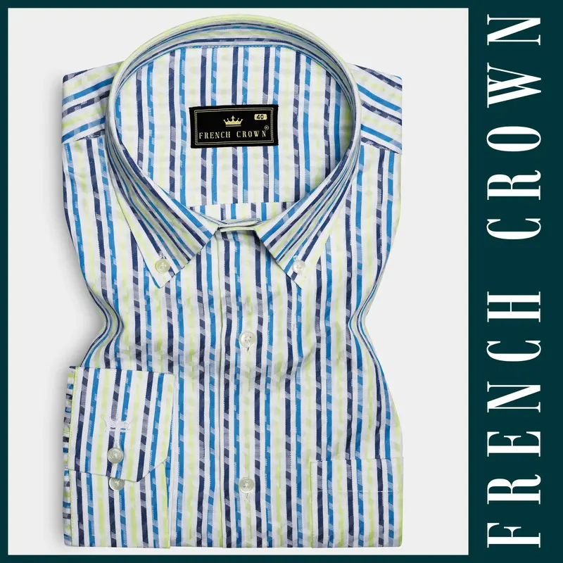 Sunburst-Electric Blue And Primrose Yellow Jacquard Striped Premium Cotton Shirt 6