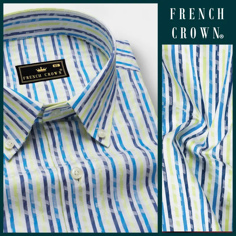 Sunburst-Electric Blue And Primrose Yellow Jacquard Striped Premium Cotton Shirt 9