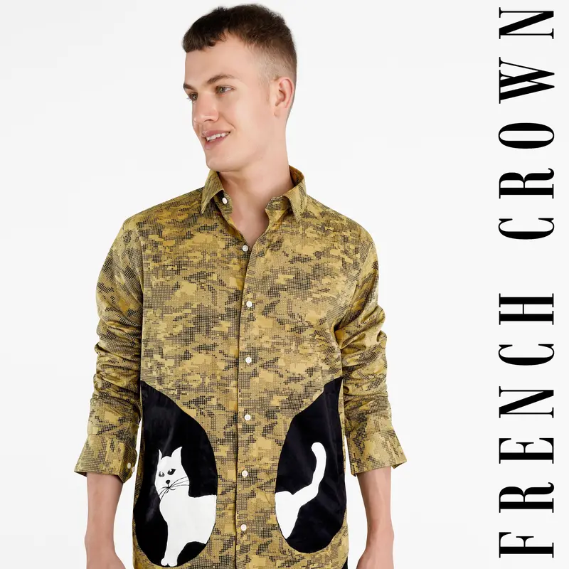 Sundance Brown With Black Cat Hand Painted Luxurious Linen Designer Shirt 1