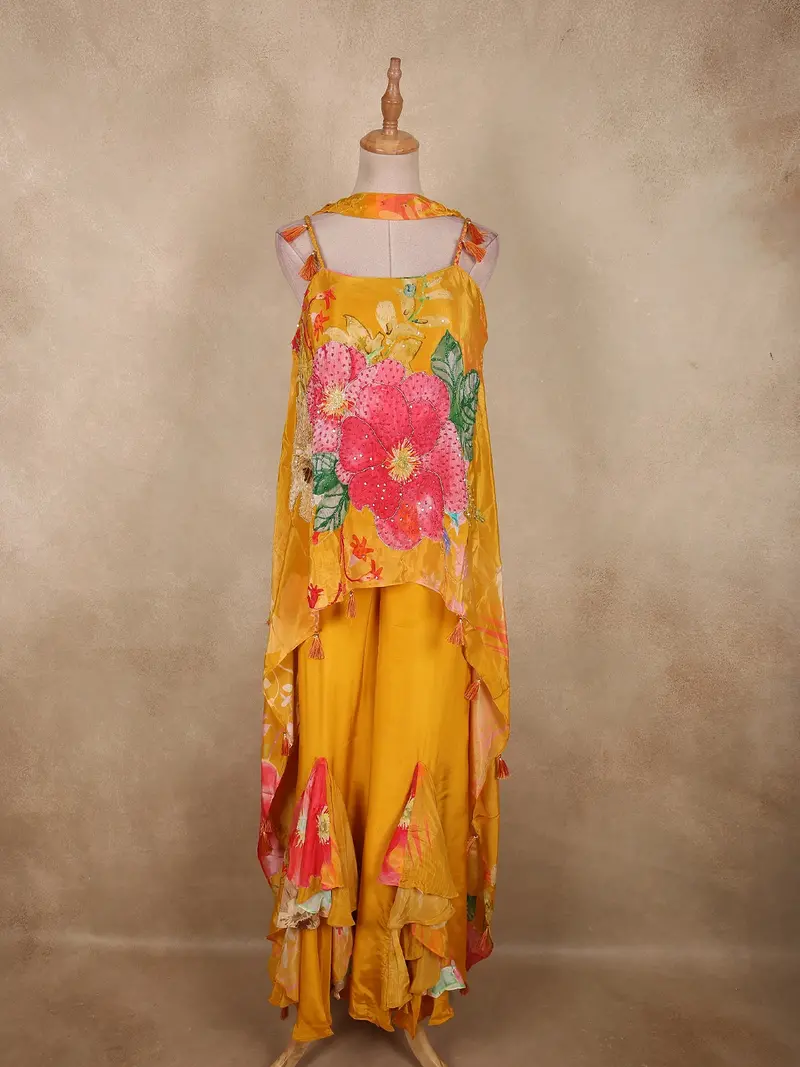 Sunflower Mustard Yellow Floral Sequins And Beads Embroidered Design Crepe Palazzo Suit 1