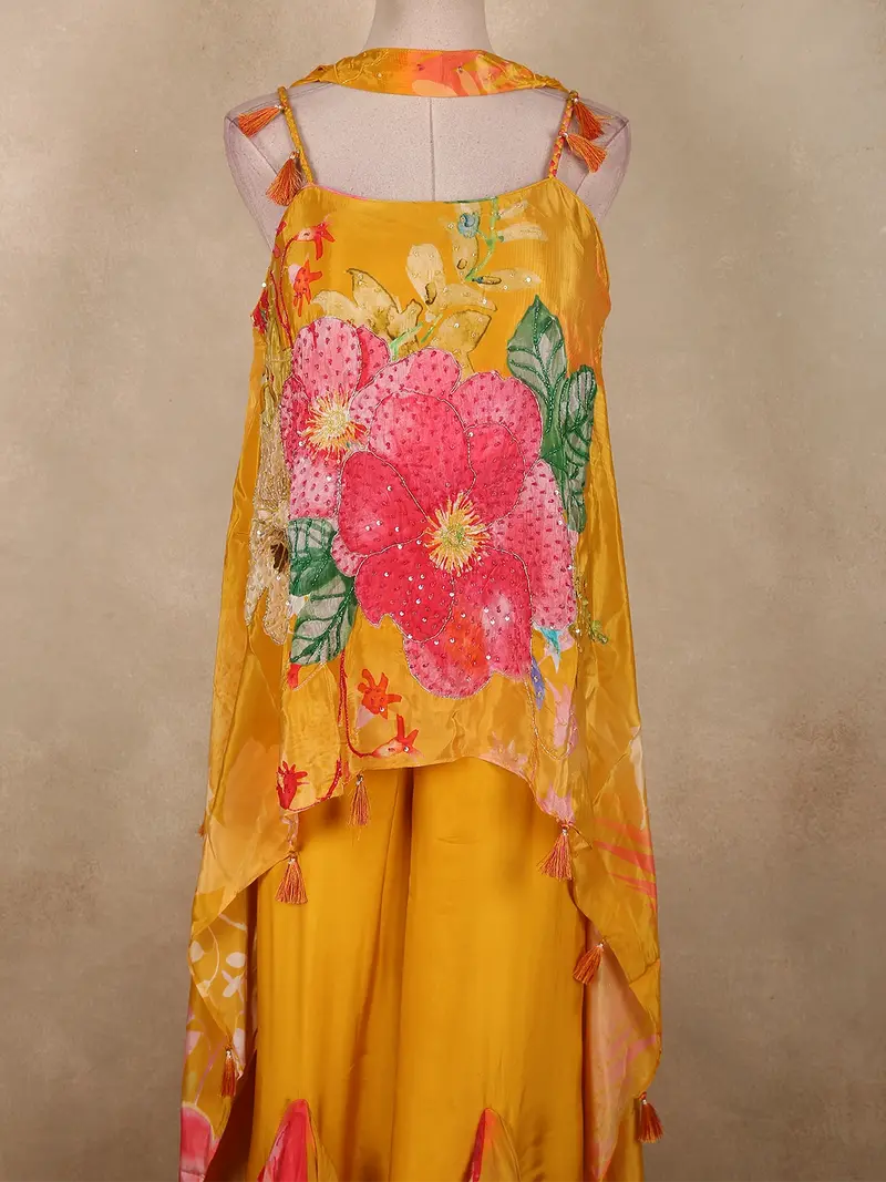 Sunflower Mustard Yellow Floral Sequins And Beads Embroidered Design Crepe Palazzo Suit 2