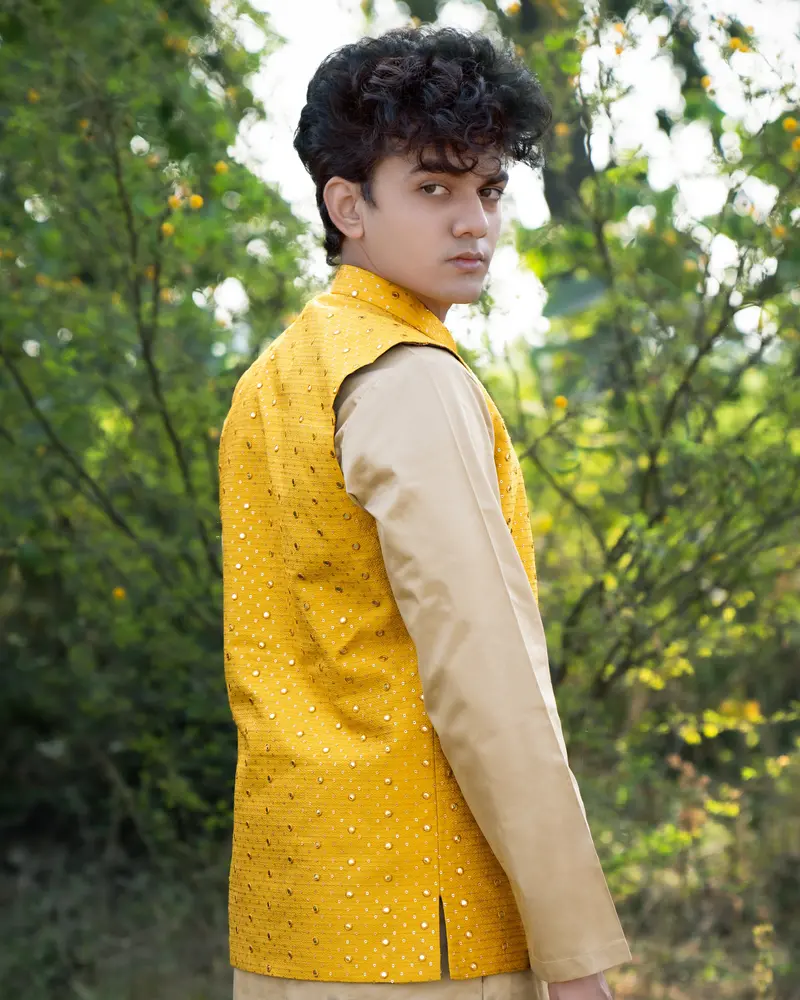 Sunglow Yellow Half-Sleeved Embroidered Work Jacket With Heathered Brown Kurta, Pajama 1