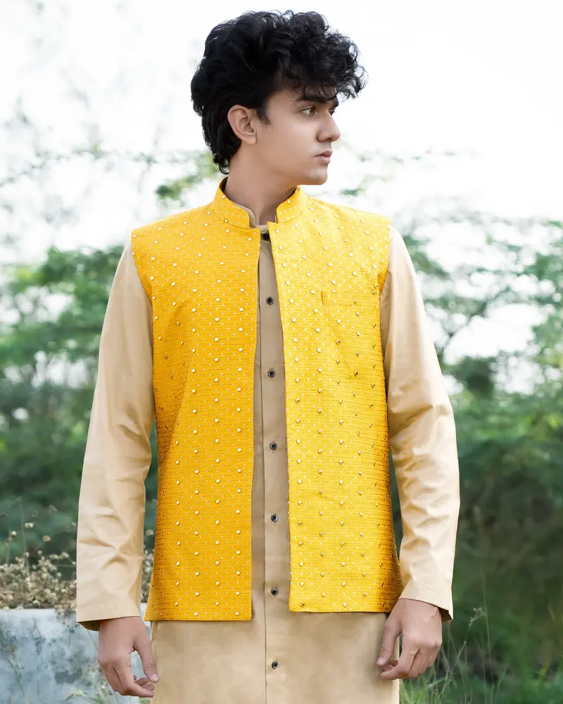 Sunglow Yellow Half-Sleeved Embroidered Work Jacket With Heathered Brown Kurta, Pajama 2