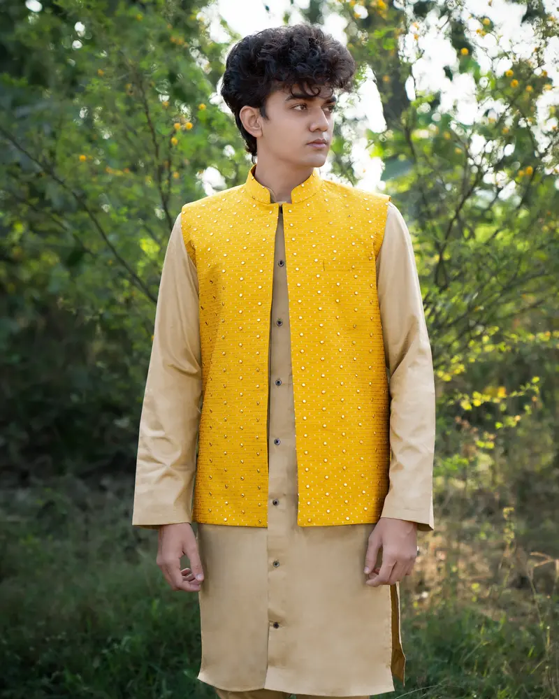 Sunglow Yellow Half-Sleeved Embroidered Work Jacket With Heathered Brown Kurta, Pajama 3
