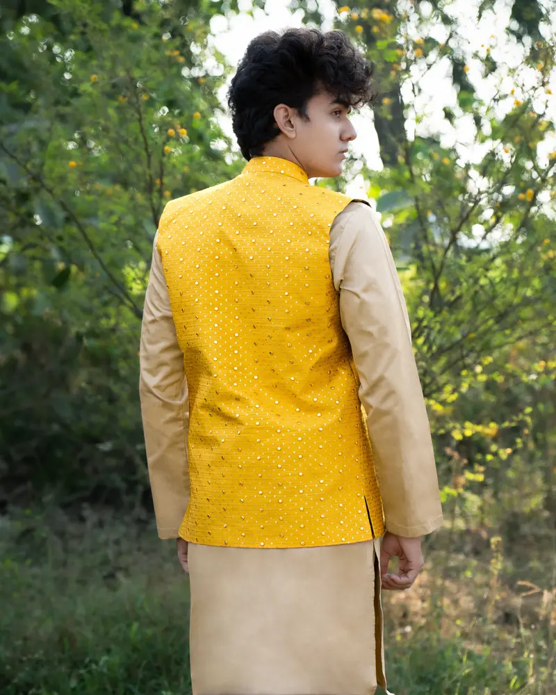 Sunglow Yellow Half-Sleeved Embroidered Work Jacket With Heathered Brown Kurta, Pajama 4