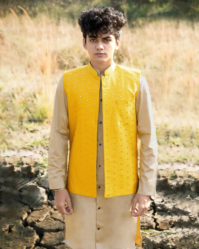 Sunglow Yellow Half-Sleeved Embroidered Work Jacket With Heathered Brown Kurta, Pajama 5