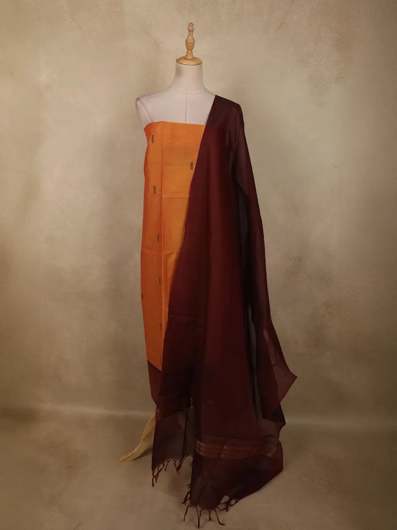 Sunset Orange Butta Woven Design Pure Cotton Unstitched Salwar Material With Contrast Dupatta 1