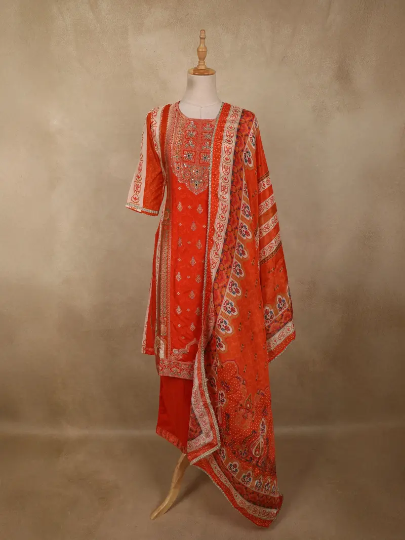 Sunset Orange Floral Zari And Mirror Embroidered Design Crepe Salwar Suit 1