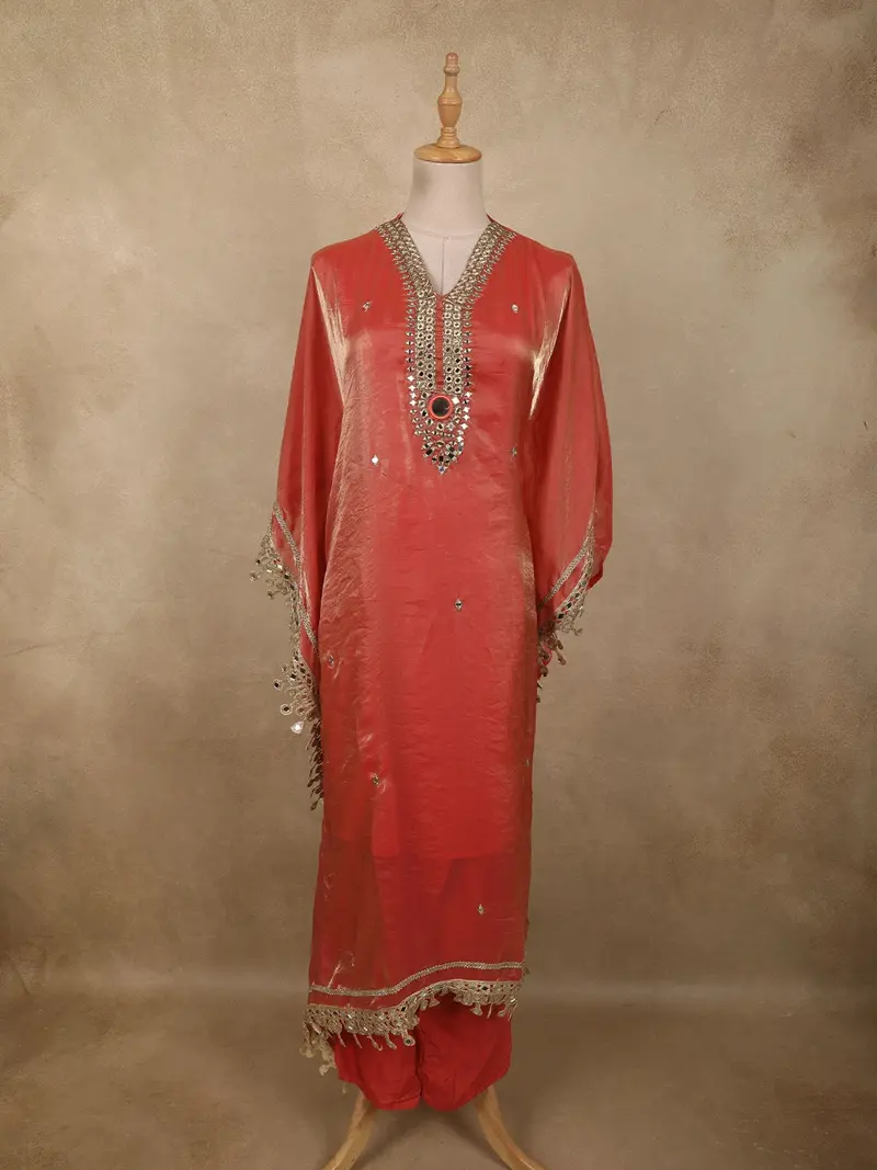 Sunset Orange Mirror Embroidered Design Kaftan-Style Organza Salwar Suit 1