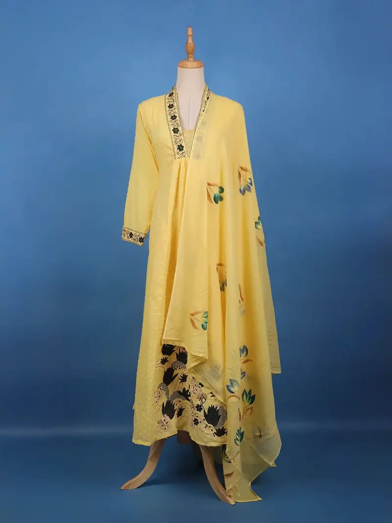 Sunshine Yellow Embroidered Cotton Salwar Suit Set 1