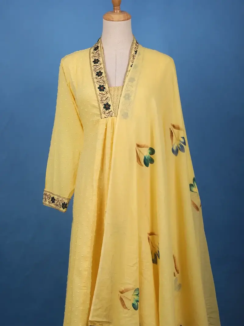 Sunshine Yellow Embroidered Cotton Salwar Suit Set 2