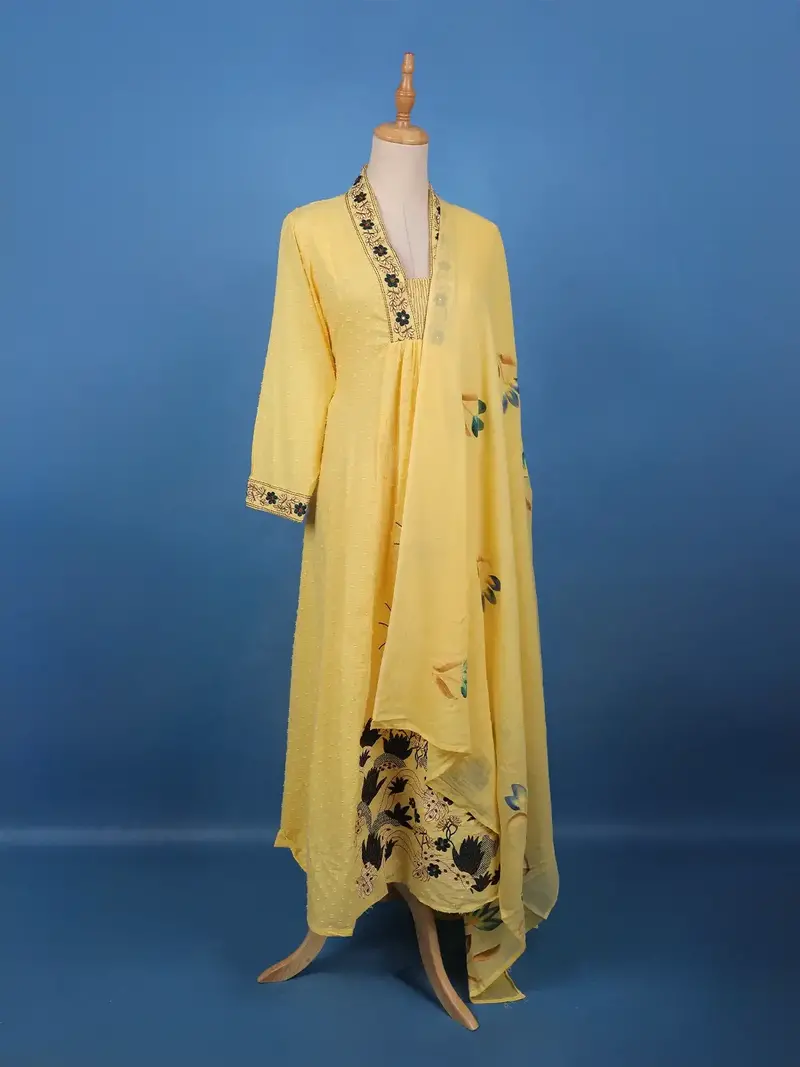 Sunshine Yellow Embroidered Cotton Salwar Suit Set 3