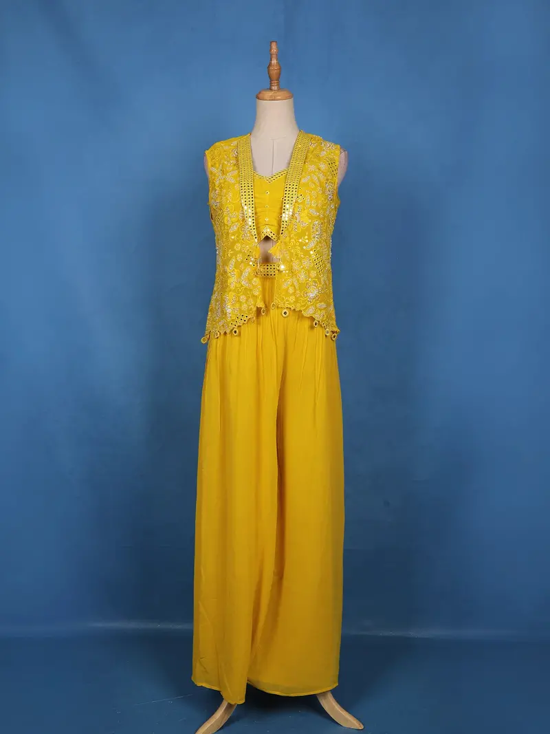 Sunshine Yellow Floral Embroidered Georgette Palazzo Suit 1