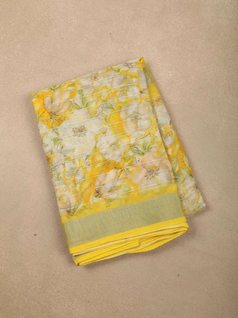 Sunshine Yellow Floral Printed Design Linen Cotton Saree 1