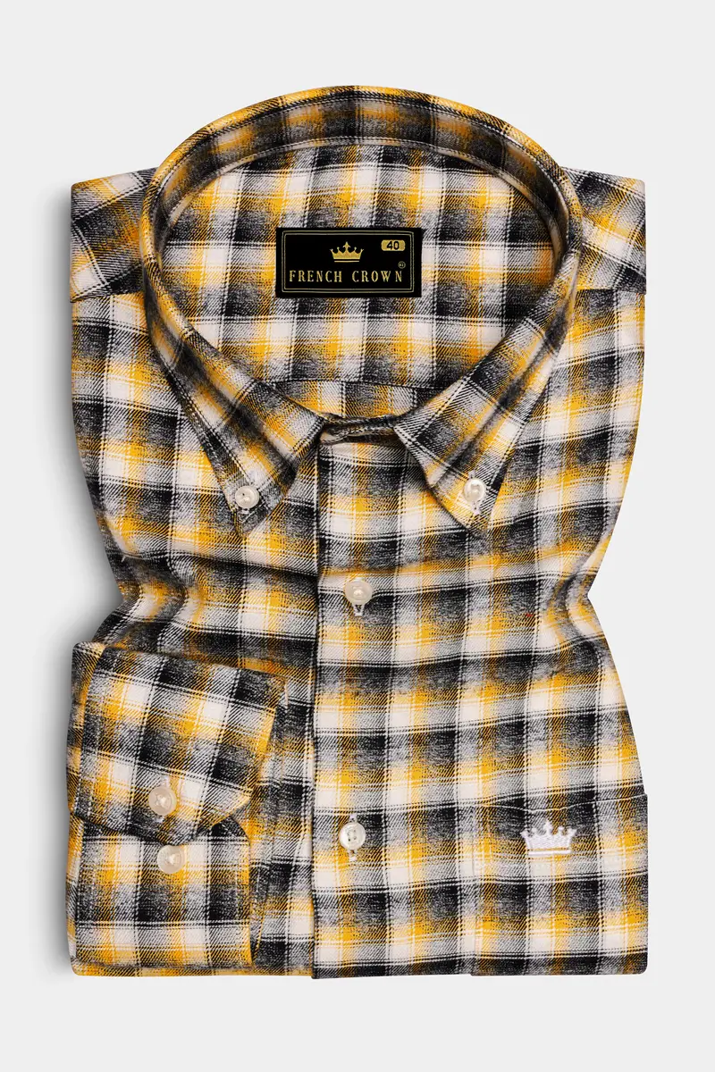 Supernova Yellow And Shark Black Plaid Twill Premium Cotton Shirt 4