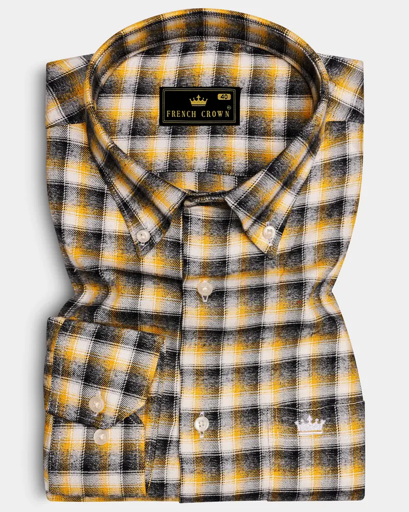 Supernova Yellow And Shark Black Plaid Twill Premium Cotton Shirt 6