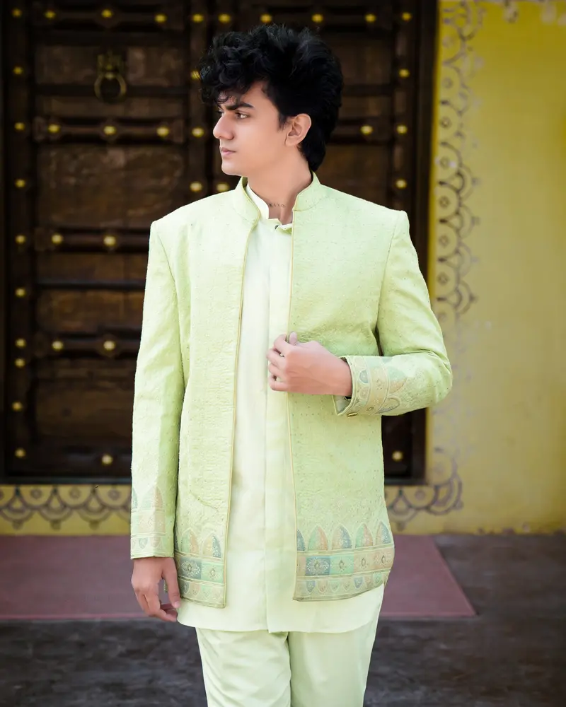 Surf Crest Green Bandhgala Sherwani And Half-Sleeved Jacket 1