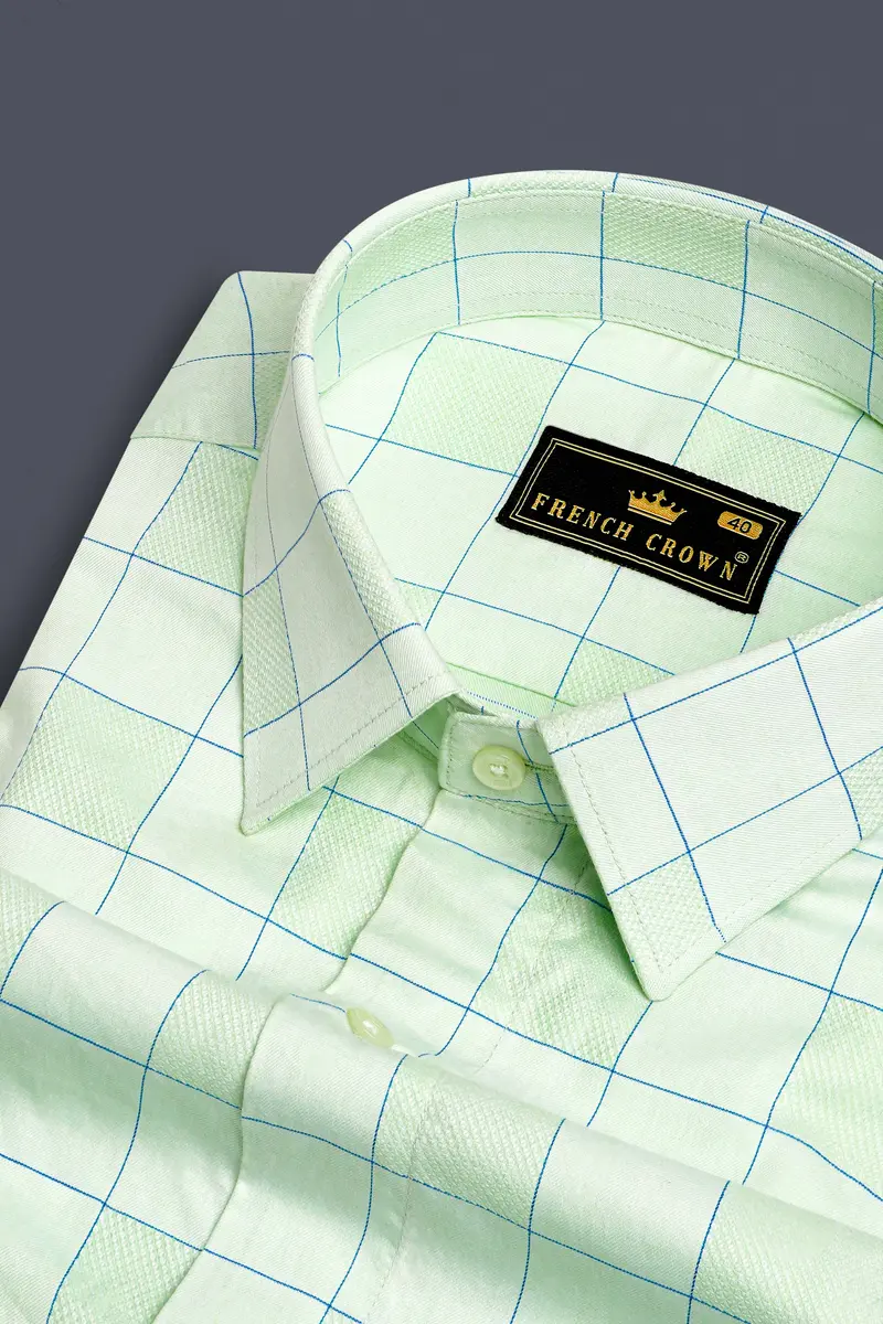 Surf Crest Green With Tufts Blue Windowpane Dobby Textured Premium Giza Cotton Shirt 1
