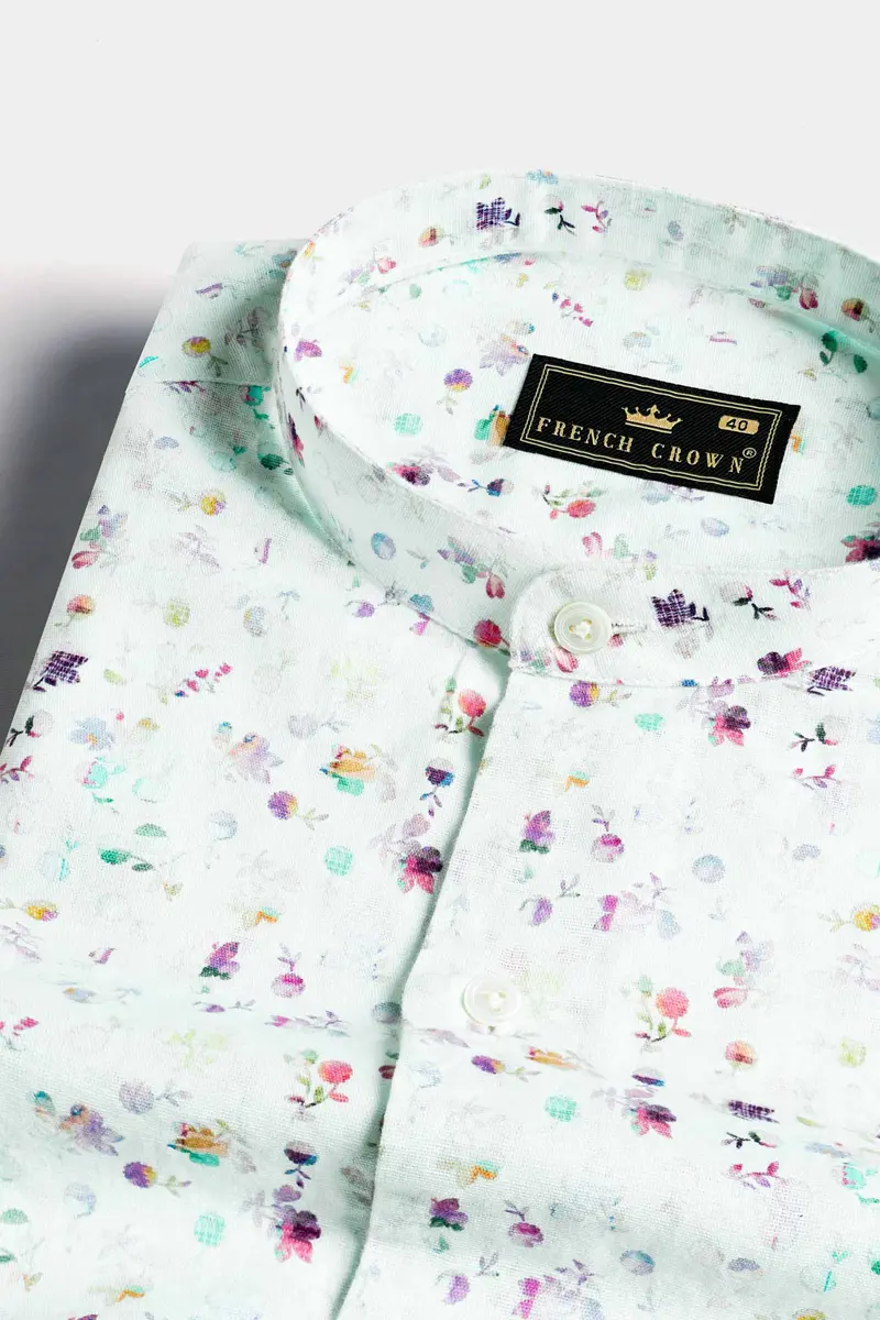 Surf Green With Multicolour Ditsy Printed Luxurious Linen Shirt 1