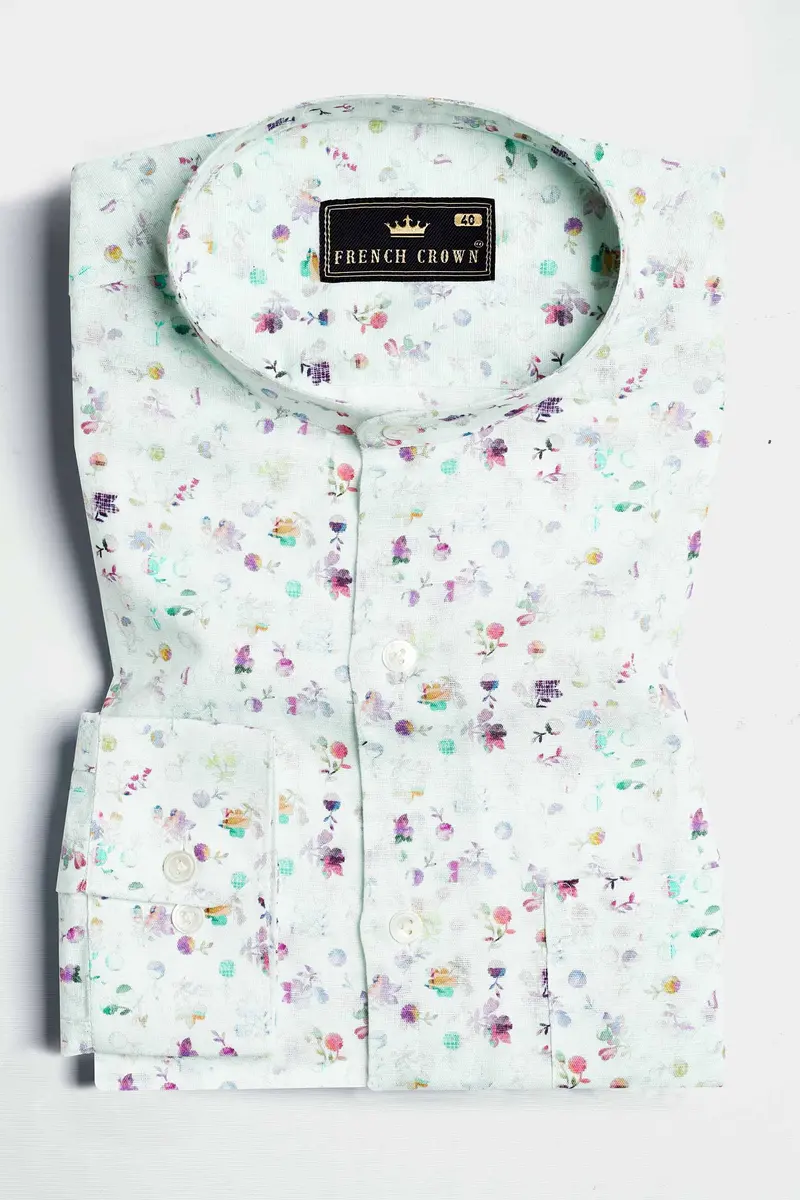 Surf Green With Multicolour Ditsy Printed Luxurious Linen Shirt 3