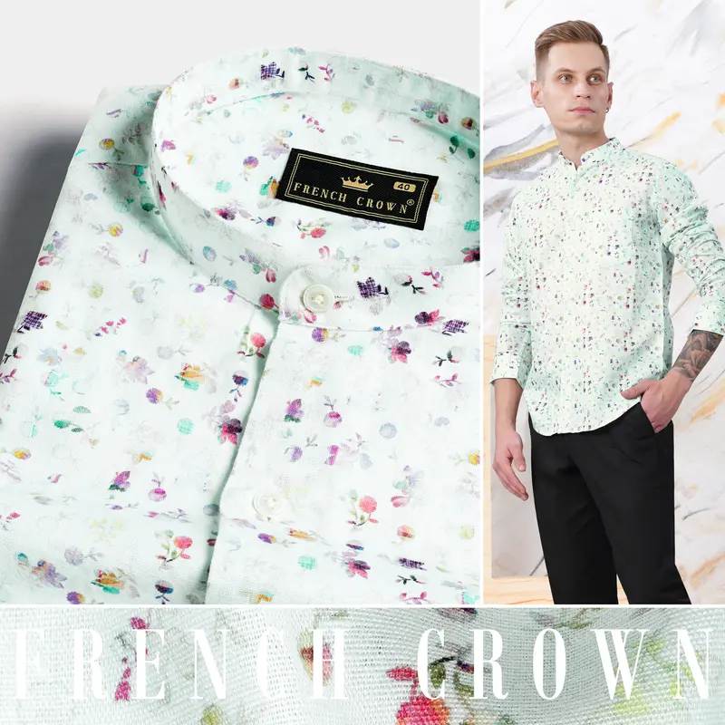 Surf Green With Multicolour Ditsy Printed Luxurious Linen Shirt 4