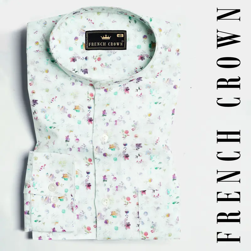 Surf Green With Multicolour Ditsy Printed Luxurious Linen Shirt 7