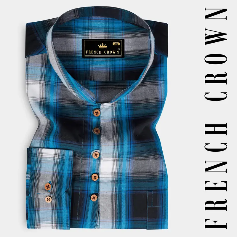 Surfie Blue And Shark Black Plaid Premium Giza Cotton Kurta Shirt 1