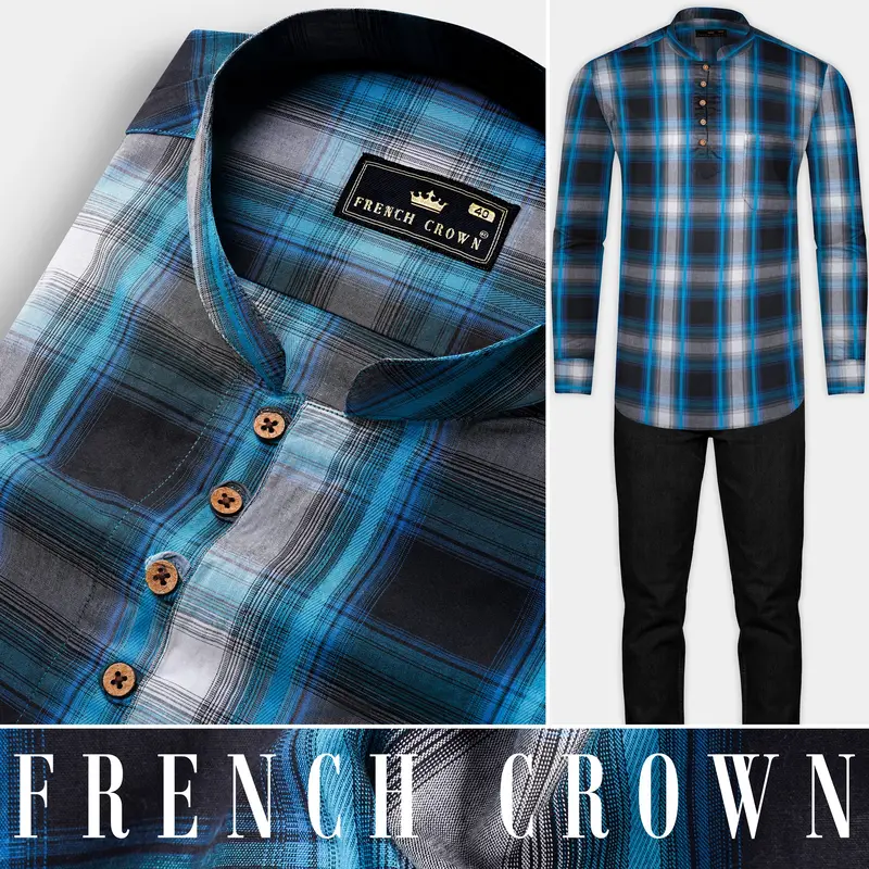 Surfie Blue And Shark Black Plaid Premium Giza Cotton Kurta Shirt 10