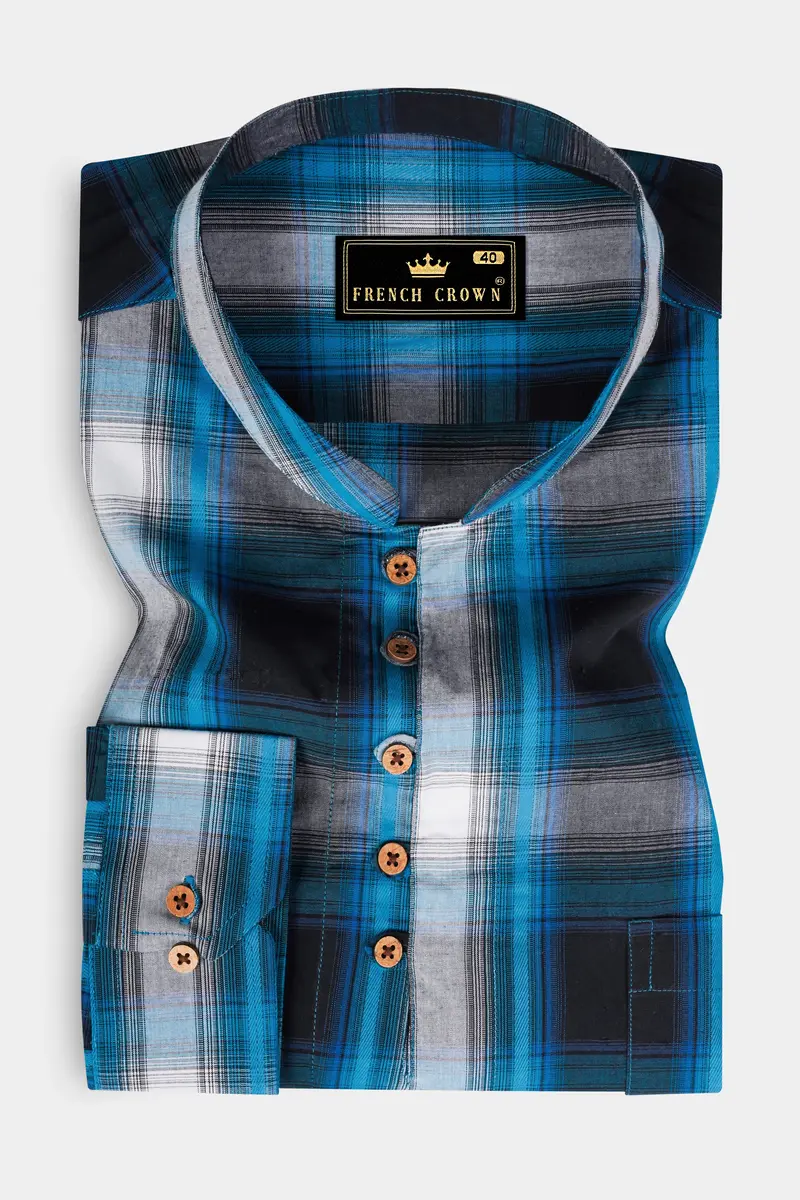 Surfie Blue And Shark Black Plaid Premium Giza Cotton Kurta Shirt 2