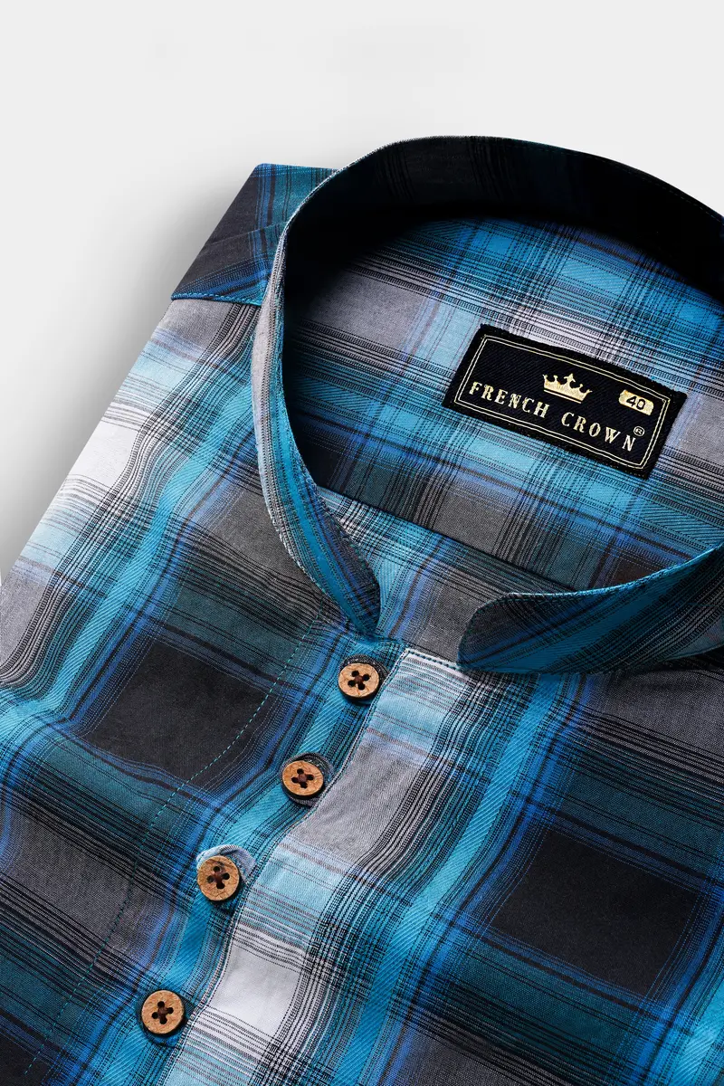Surfie Blue And Shark Black Plaid Premium Giza Cotton Kurta Shirt 4