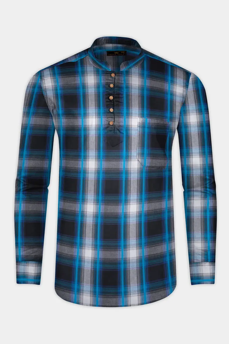 Surfie Blue And Shark Black Plaid Premium Giza Cotton Kurta Shirt 5