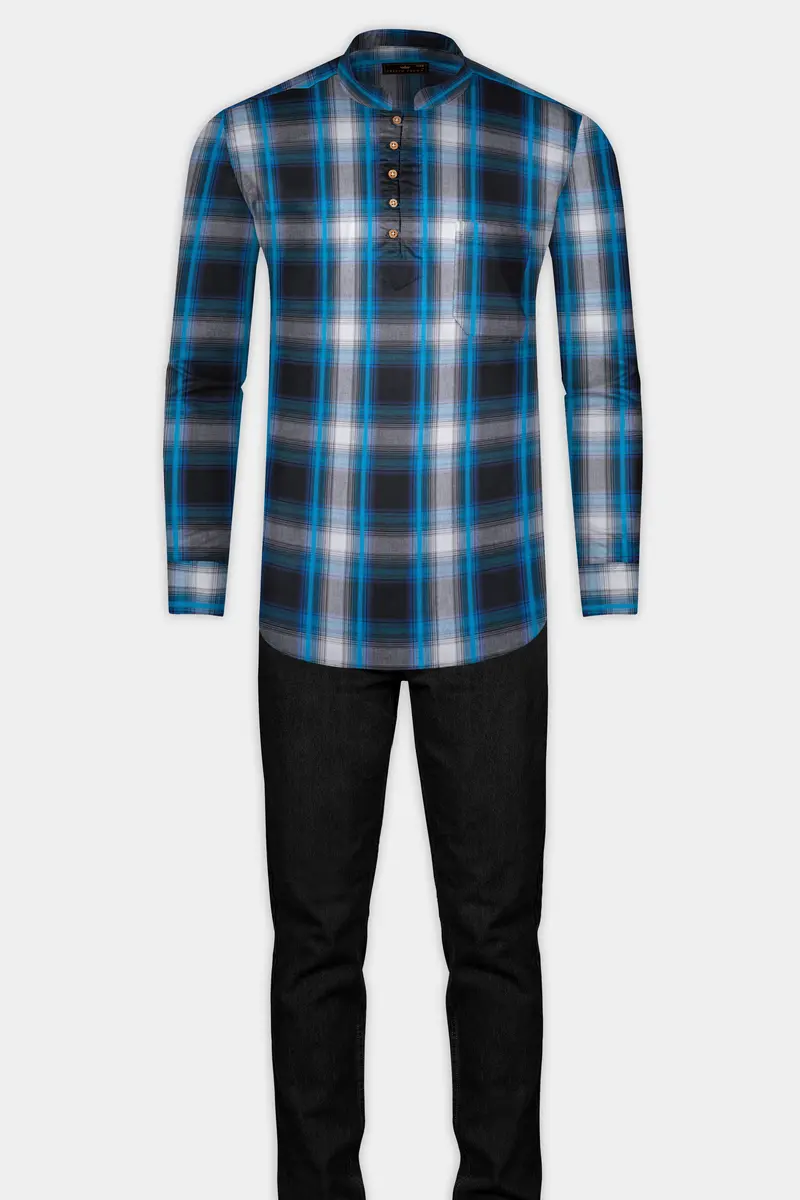 Surfie Blue And Shark Black Plaid Premium Giza Cotton Kurta Shirt 7
