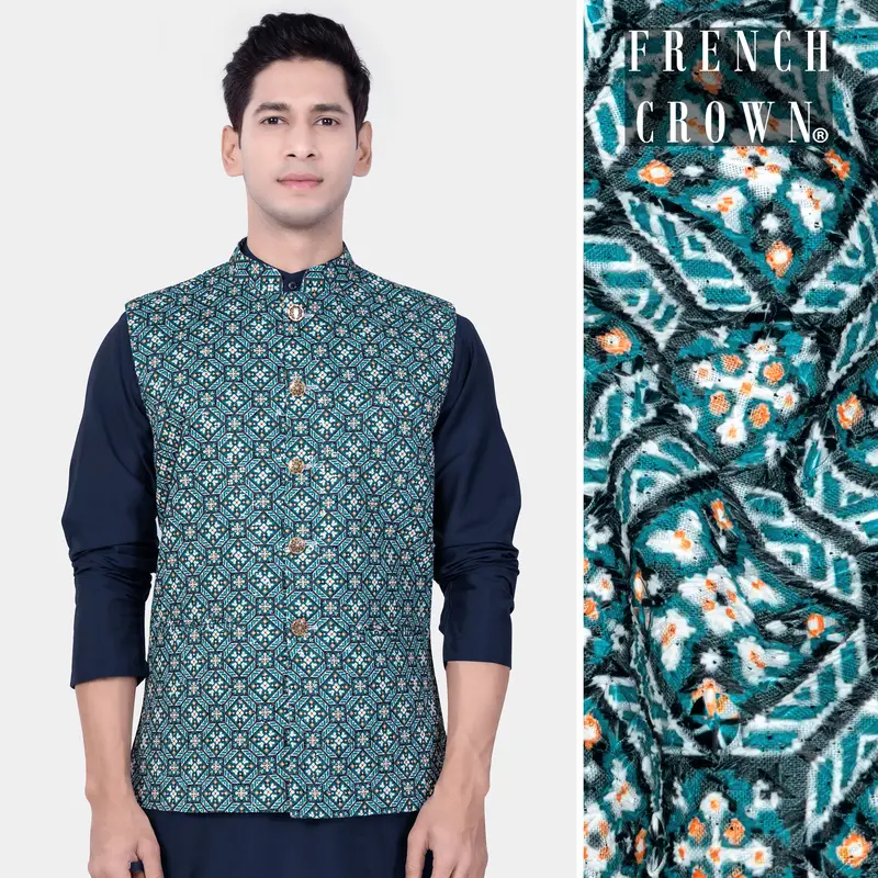 Surfie Blue And Tangerine Orange Designer Embroidered Nehru Jacket 1