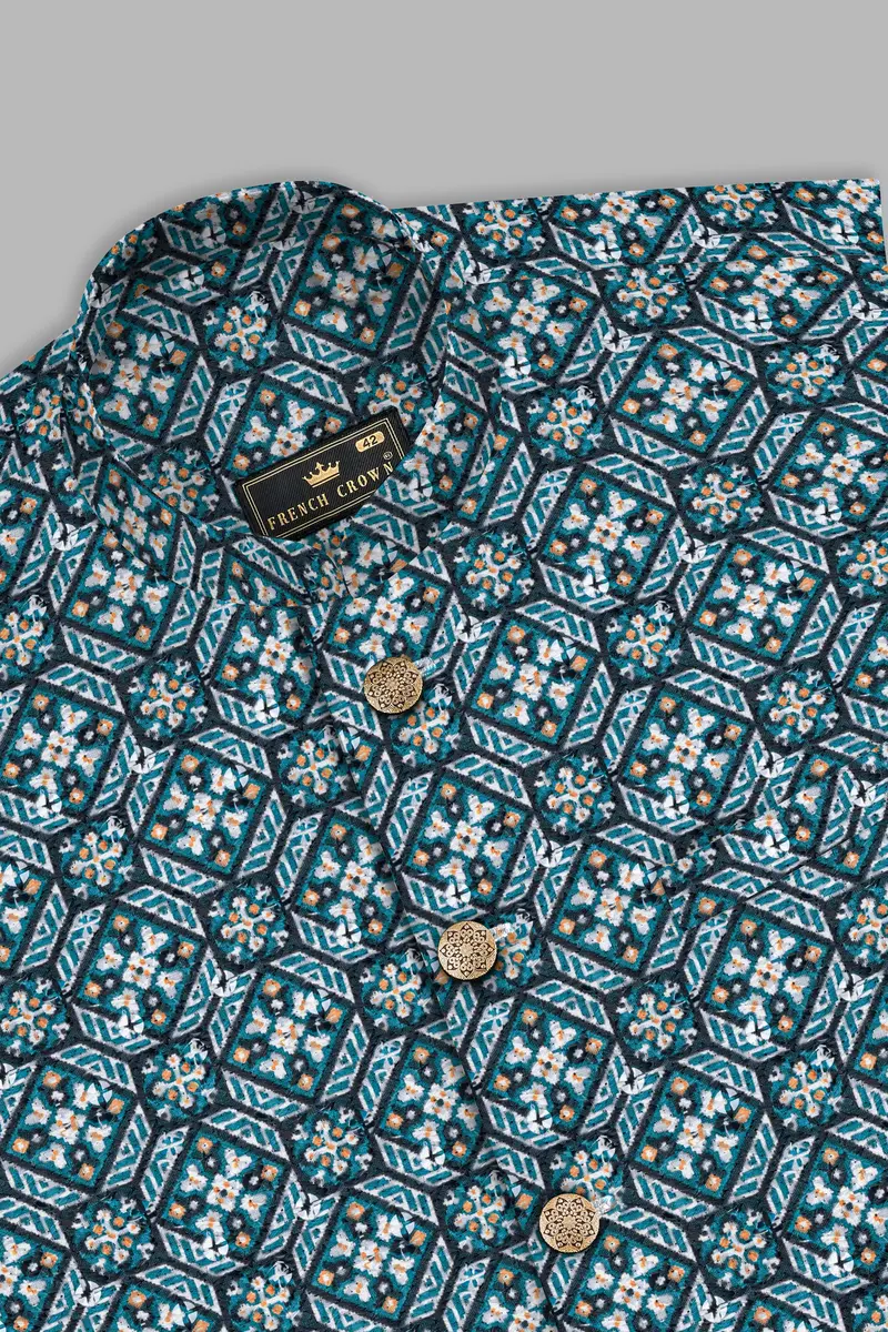 Surfie Blue And Tangerine Orange Designer Embroidered Nehru Jacket 10