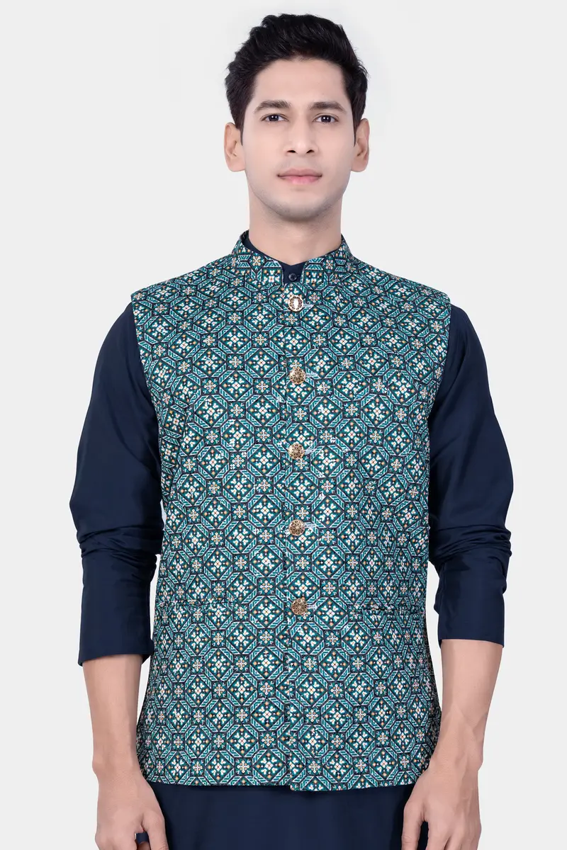 Surfie Blue And Tangerine Orange Designer Embroidered Nehru Jacket 2