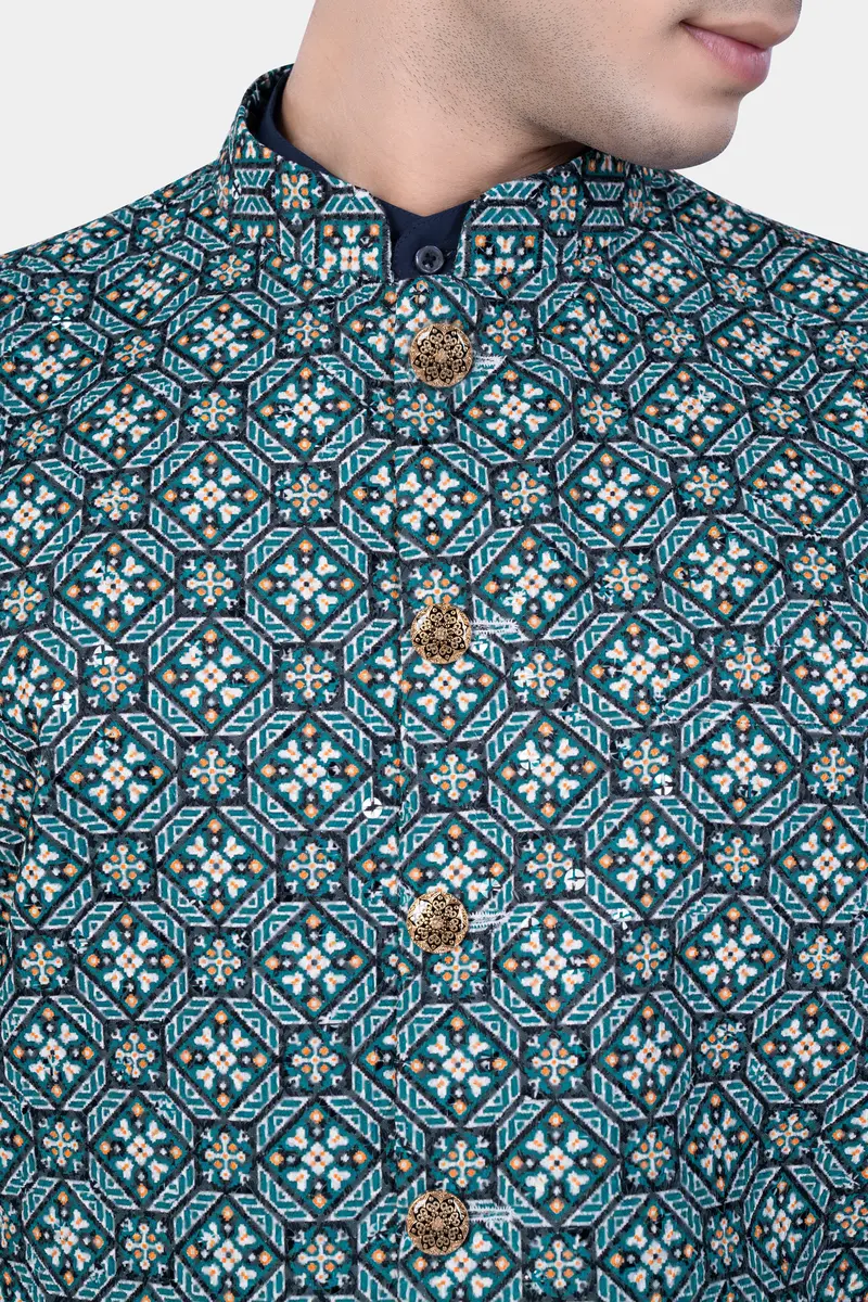 Surfie Blue And Tangerine Orange Designer Embroidered Nehru Jacket 4