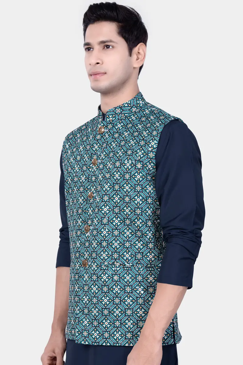 Surfie Blue And Tangerine Orange Designer Embroidered Nehru Jacket 5