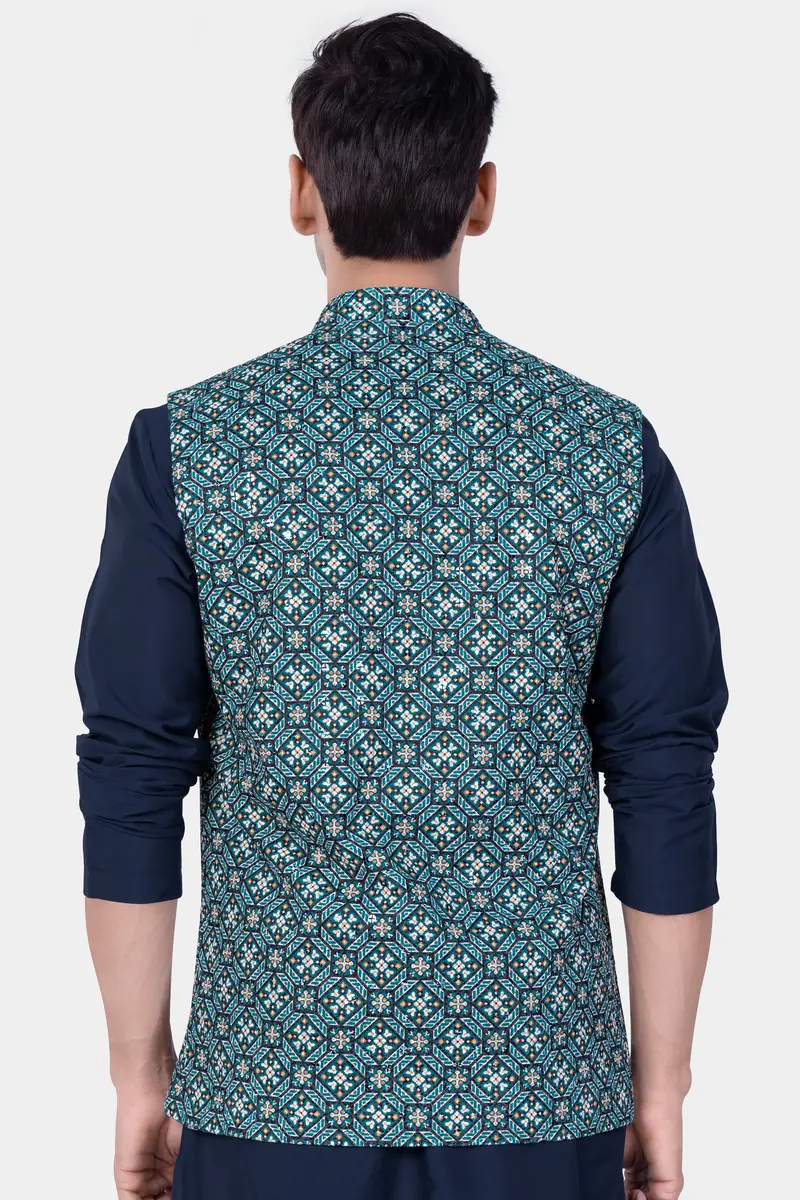 Surfie Blue And Tangerine Orange Designer Embroidered Nehru Jacket 6
