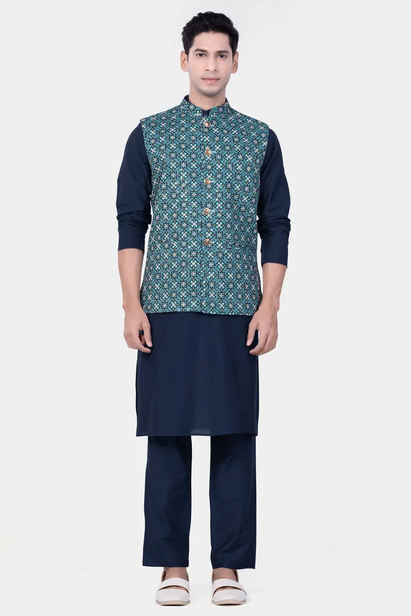 Surfie Blue And Tangerine Orange Designer Embroidered Nehru Jacket 7
