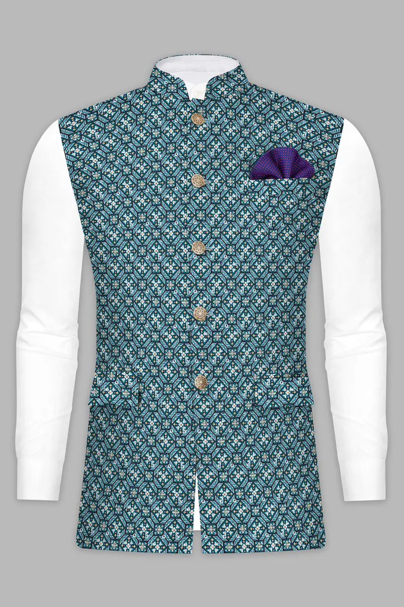 Surfie Blue And Tangerine Orange Designer Embroidered Nehru Jacket 8
