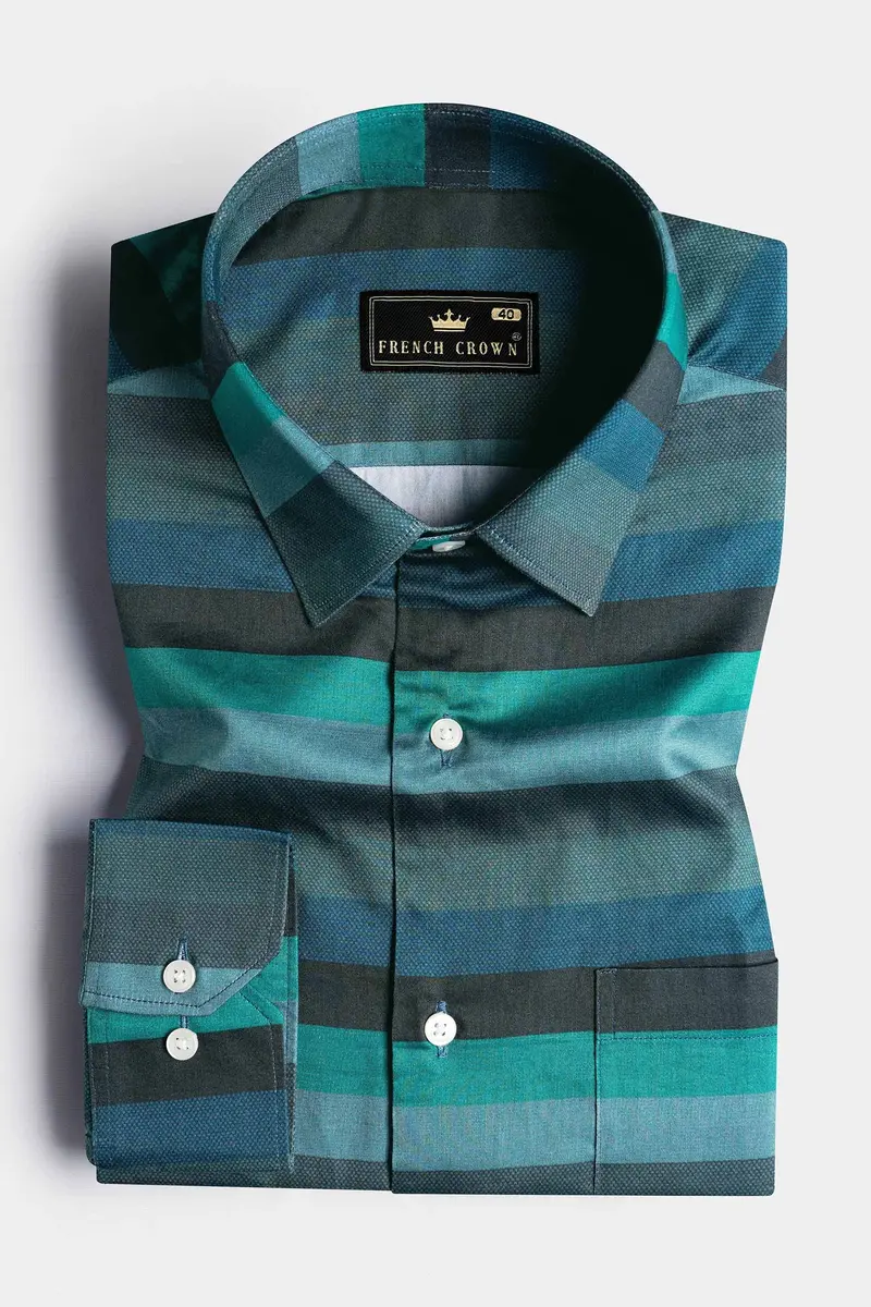 Surfie Green And Tuatara Gray Multicolour Striped Subtle Sheen Super Soft Premium Cotton Shirt 3