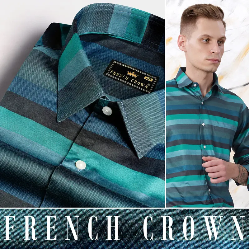 Surfie Green And Tuatara Gray Multicolour Striped Subtle Sheen Super Soft Premium Cotton Shirt 4