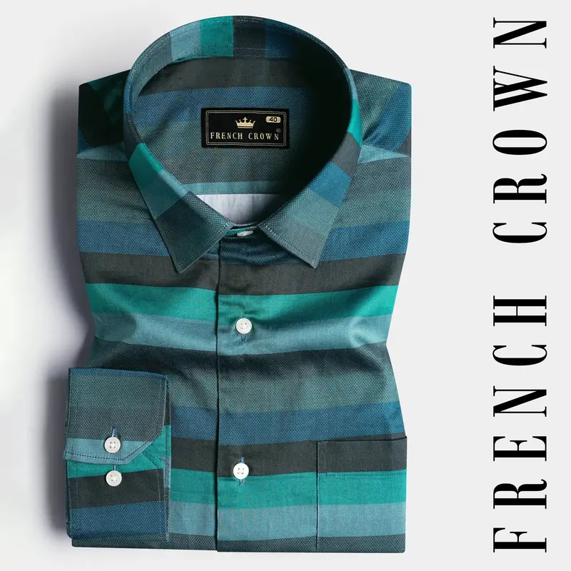 Surfie Green And Tuatara Gray Multicolour Striped Subtle Sheen Super Soft Premium Cotton Shirt 7