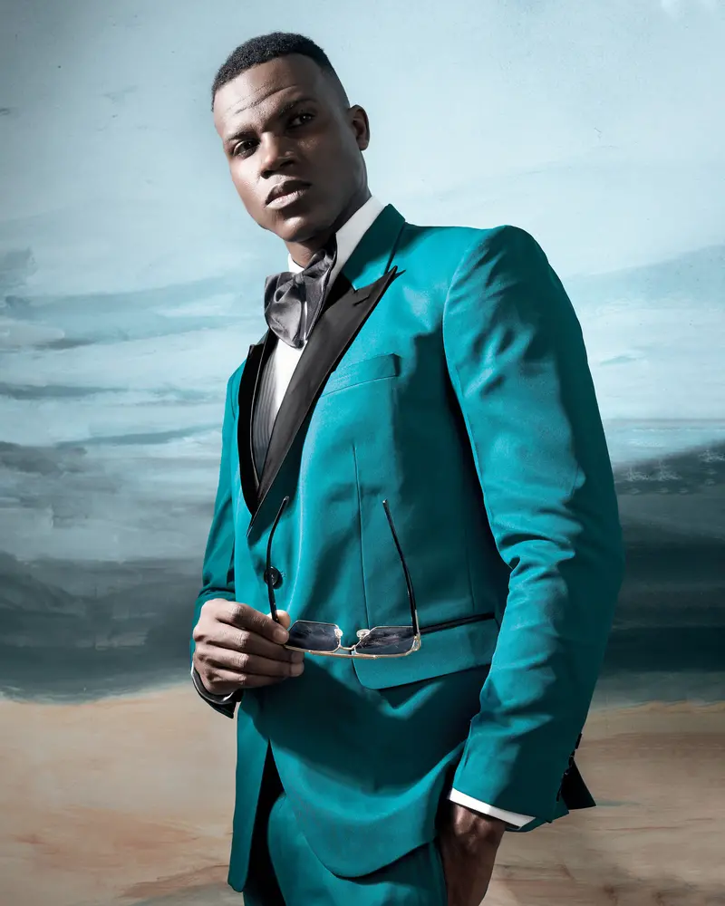 Surfie Green Plain Solid Wool Blend Peak Lapel Tuxedo Blazer 1